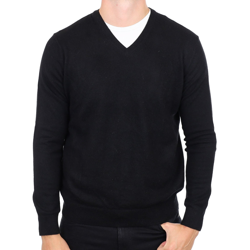 Men's Black Cashmere V Neck Jumper XL