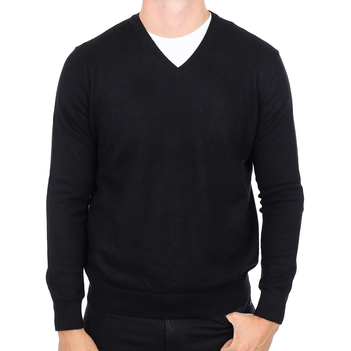 Men's Black Cashmere V Neck Jumper XL