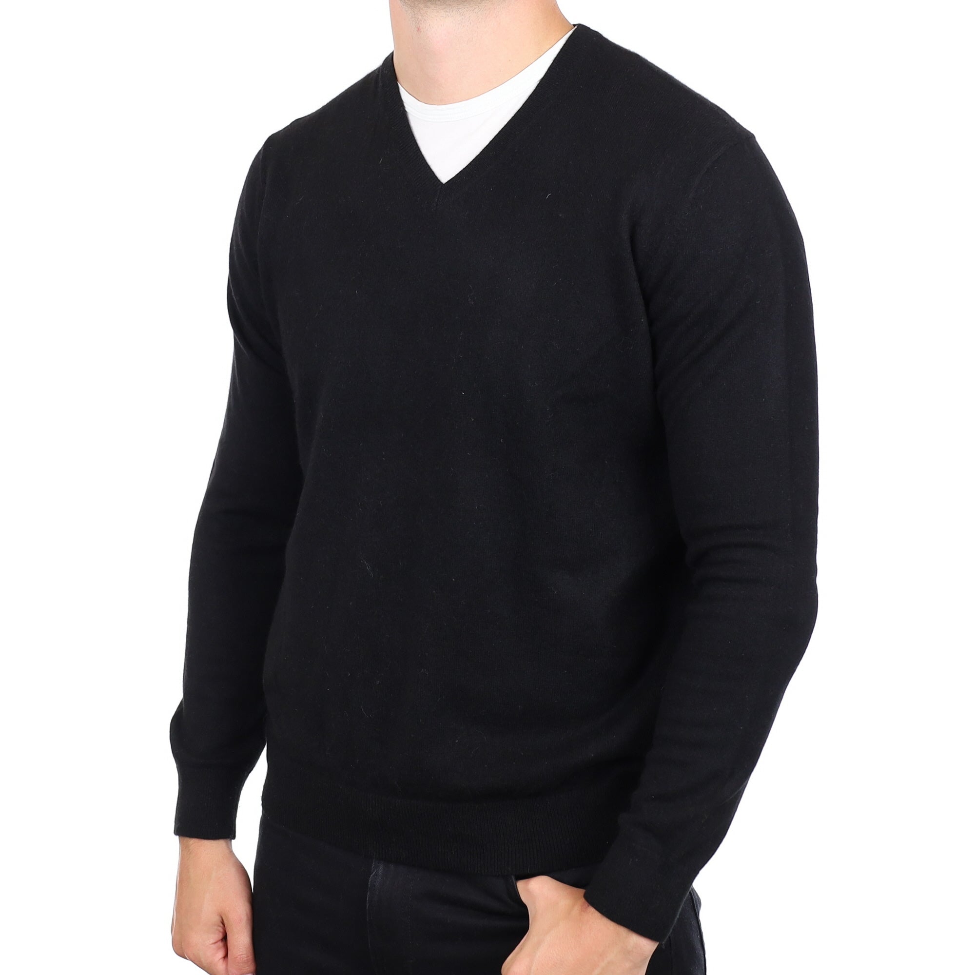 Men's Black Cashmere V Neck Jumper XL