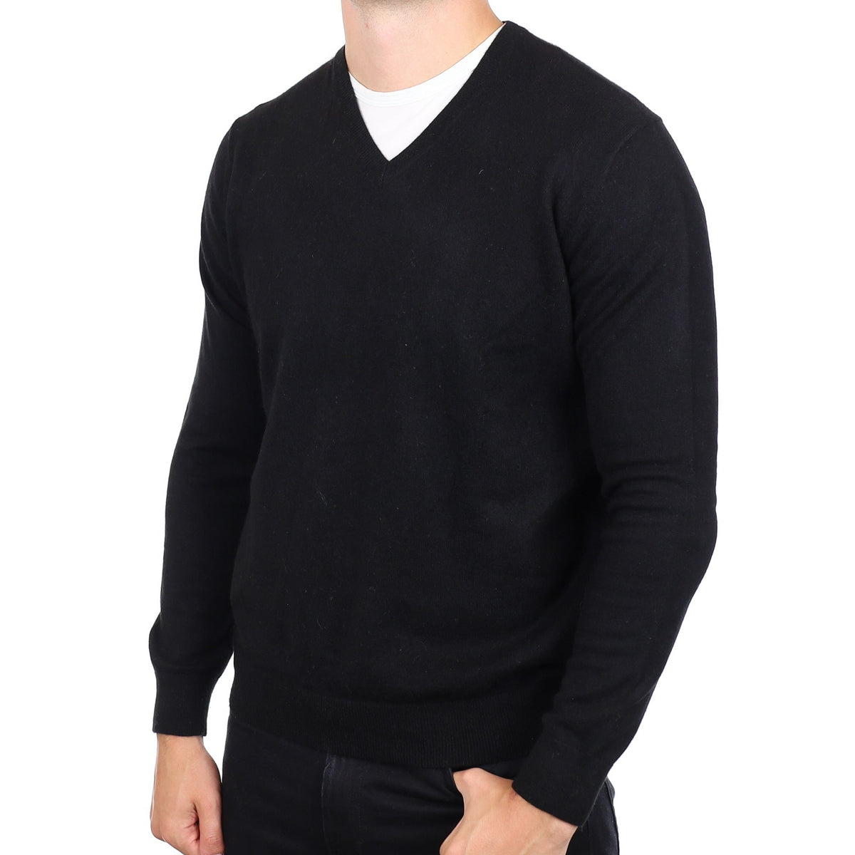 Men's Black Cashmere V Neck Jumper XL