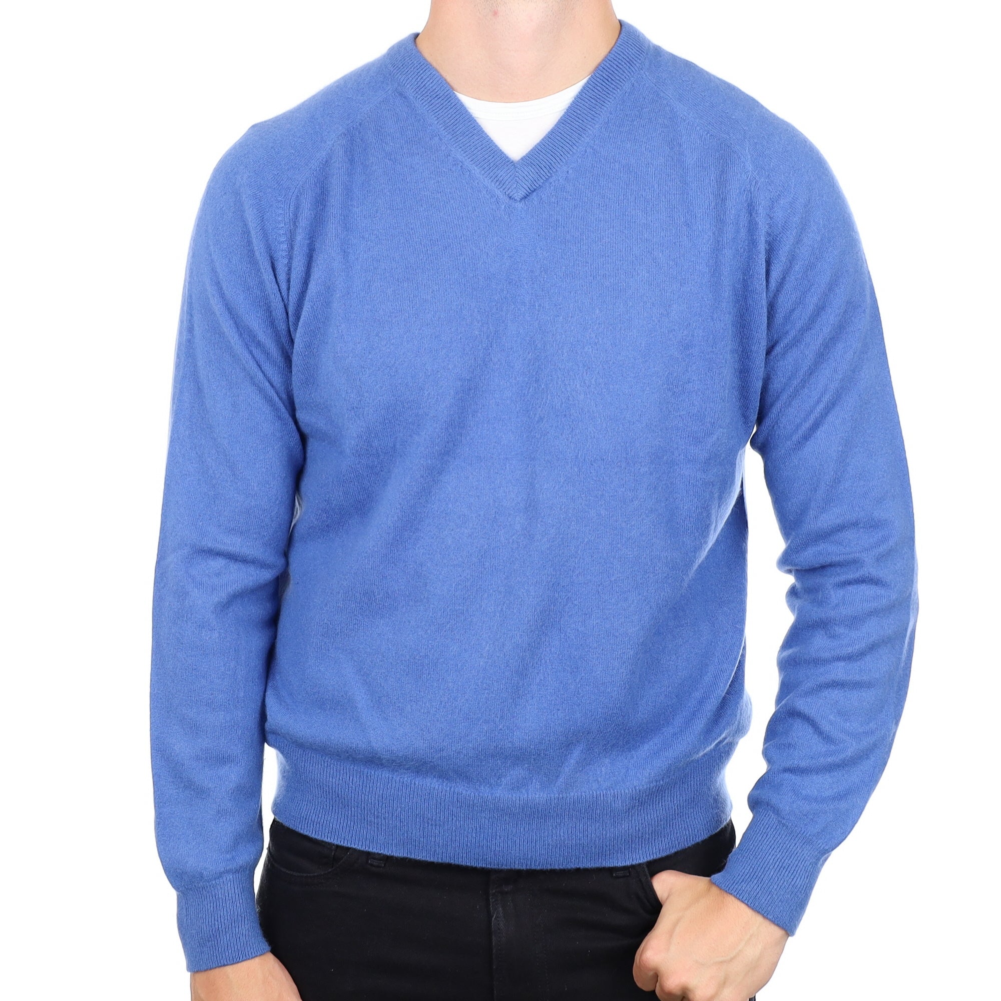 Men's Cornflower Blue Cashmere V Neck Jumper XL