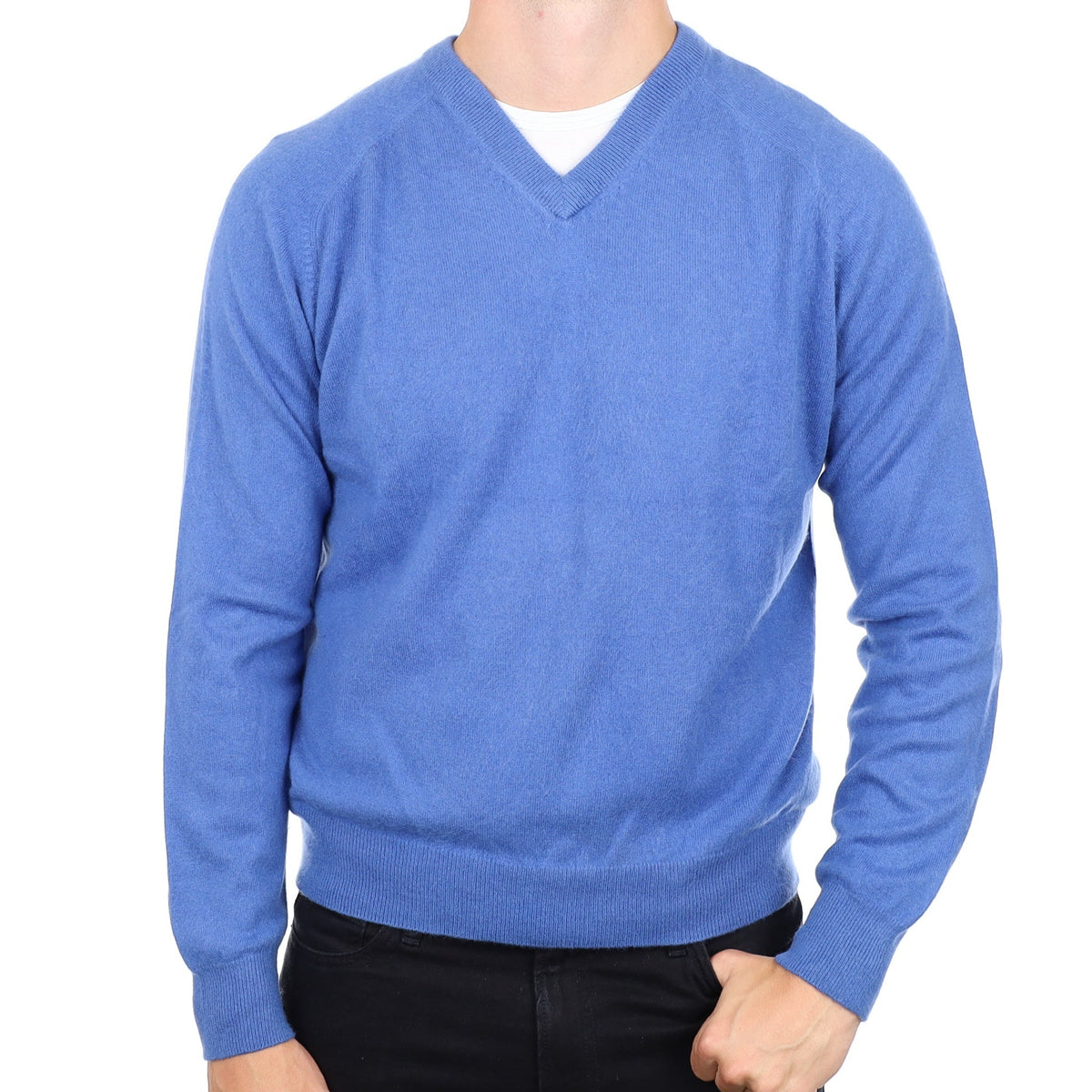 Men's Cornflower Blue Cashmere V Neck Jumper XL