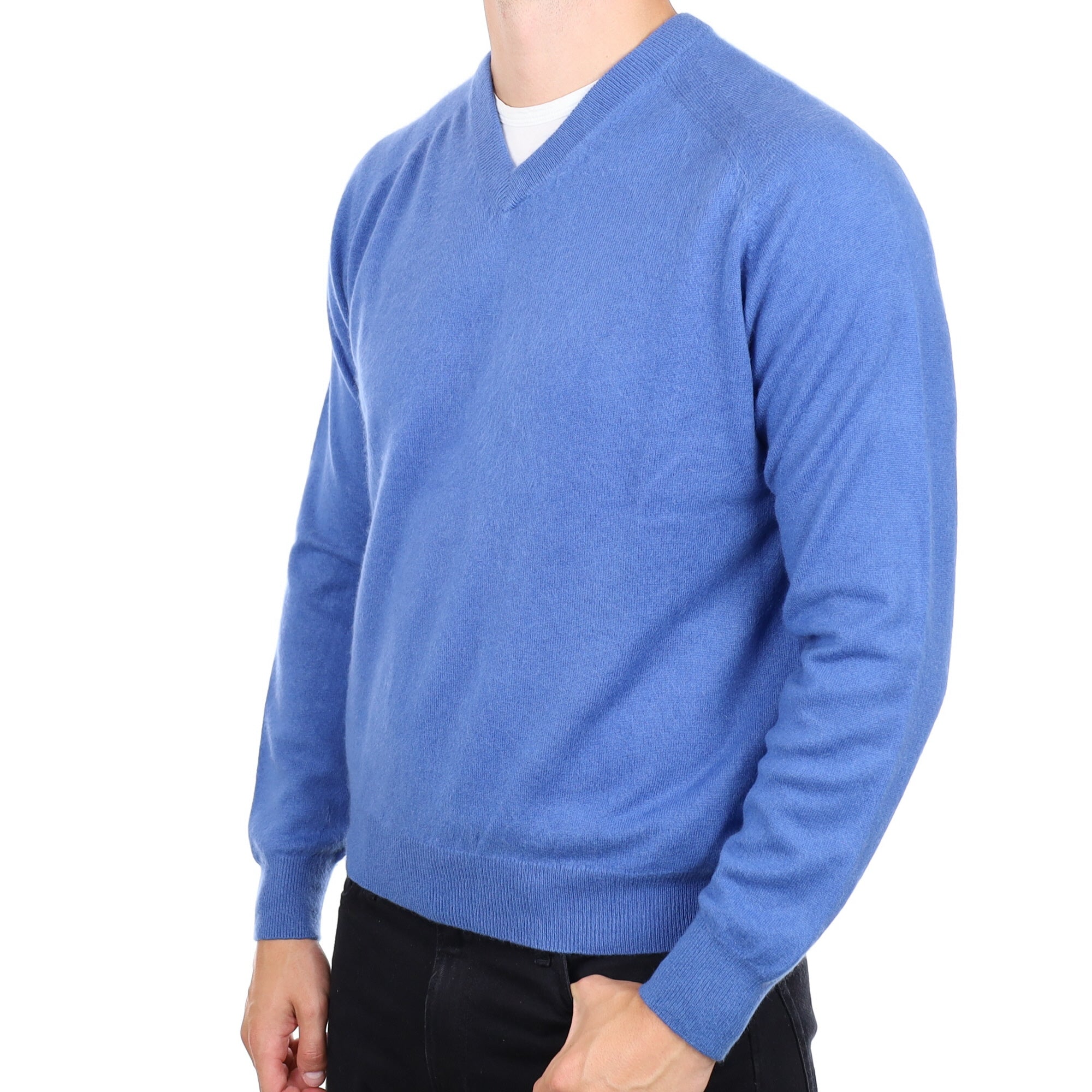 Men's Cornflower Blue Cashmere V Neck Jumper XL
