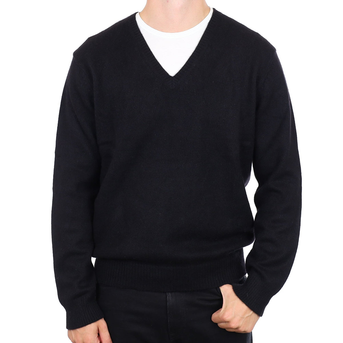 Men's Black Chunky Knit Cashmere V Neck Jumper XXL