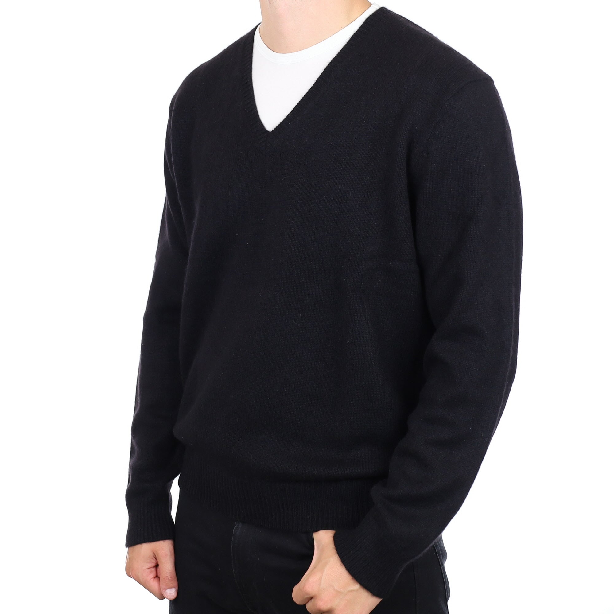Men's Black Chunky Knit Cashmere V Neck Jumper XXL