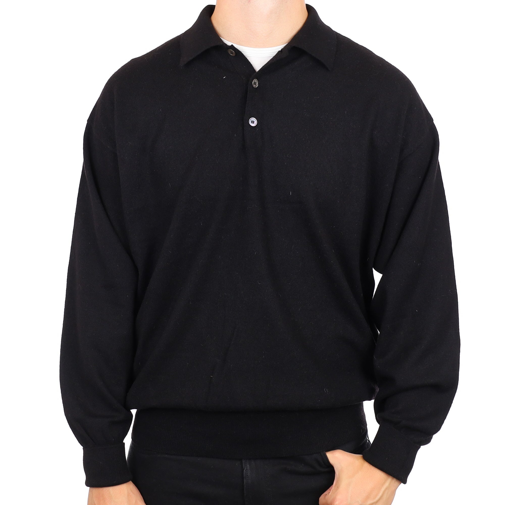 Men's Scottish Black Cashmere Collared 1/4 Button Jumper XXL