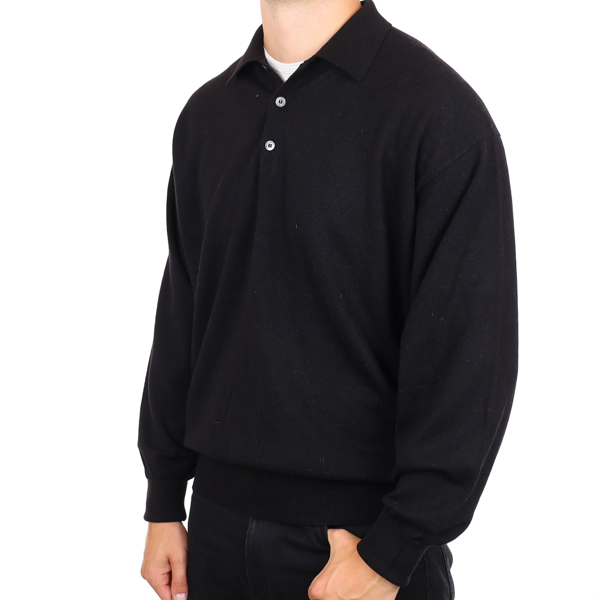 Men's Scottish Black Cashmere Collared 1/4 Button Jumper XXL