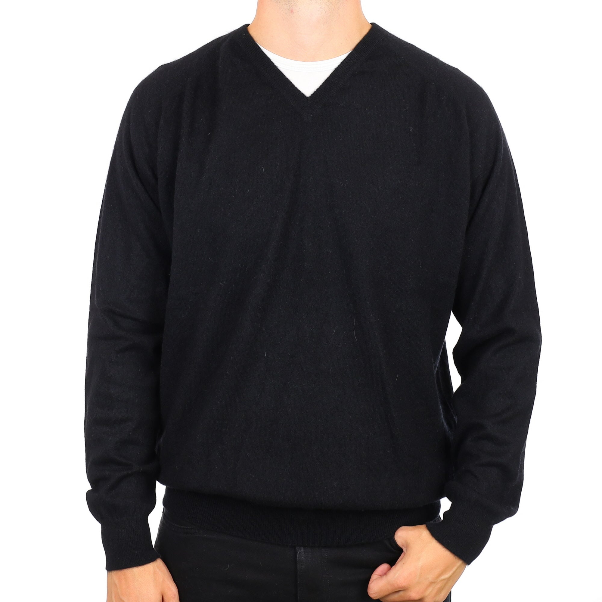 Men's Black Cashmere V Neck Jumper XXL