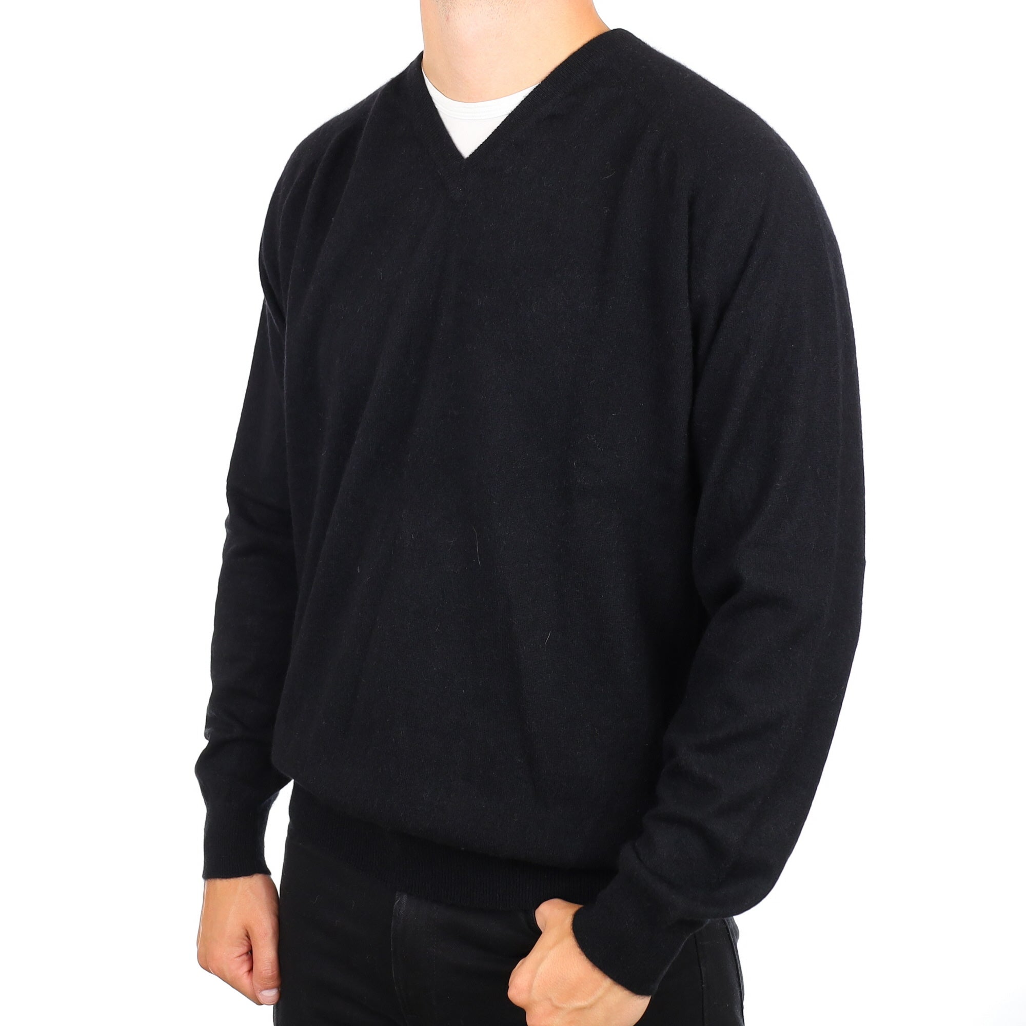 Men's Black Cashmere V Neck Jumper XXL