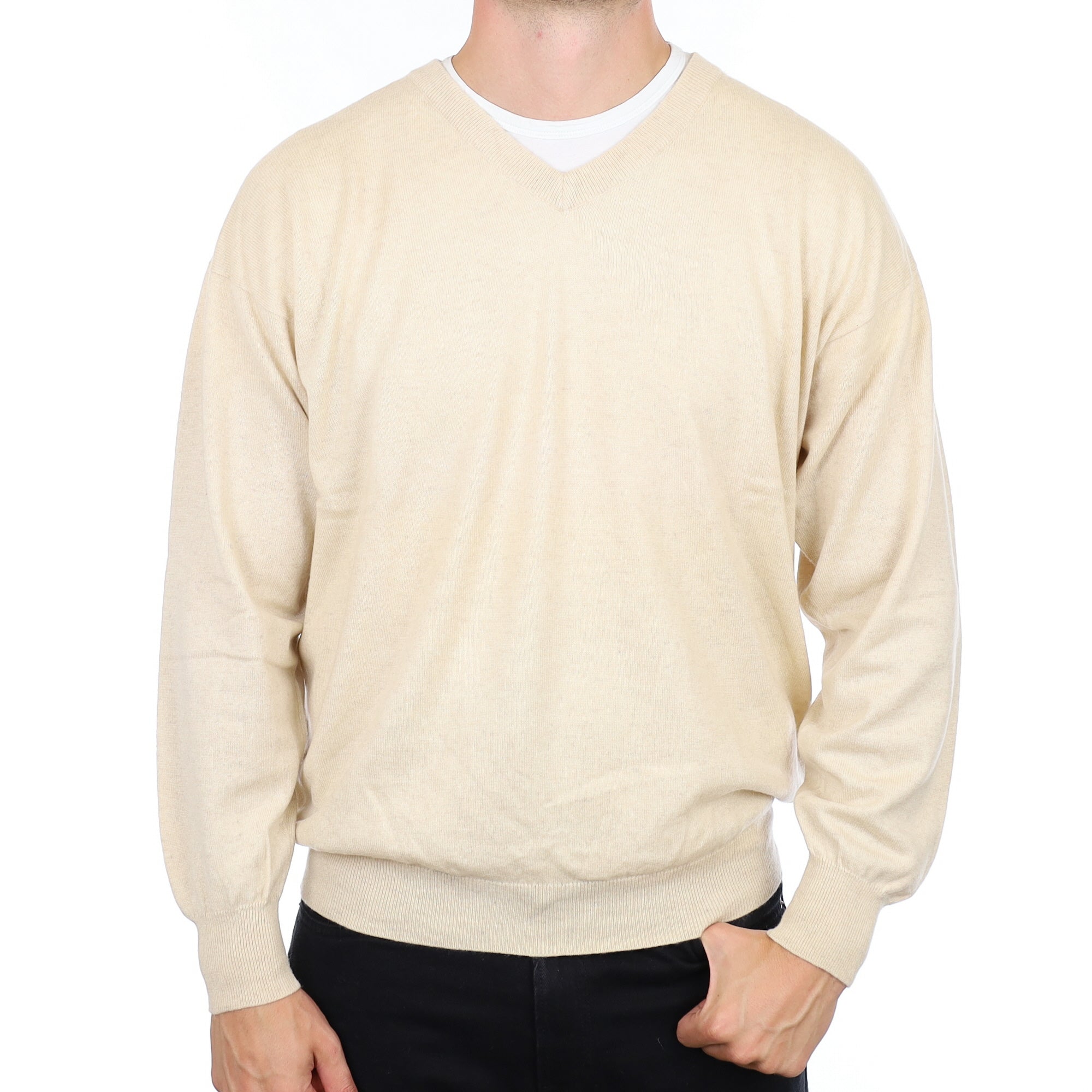 Men's Italian Oatmeal Cashmere V Neck Jumper XXL