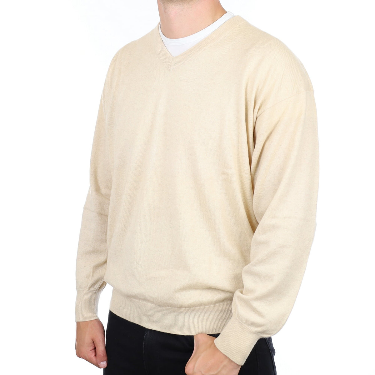 Men's Italian Oatmeal Cashmere V Neck Jumper XXL