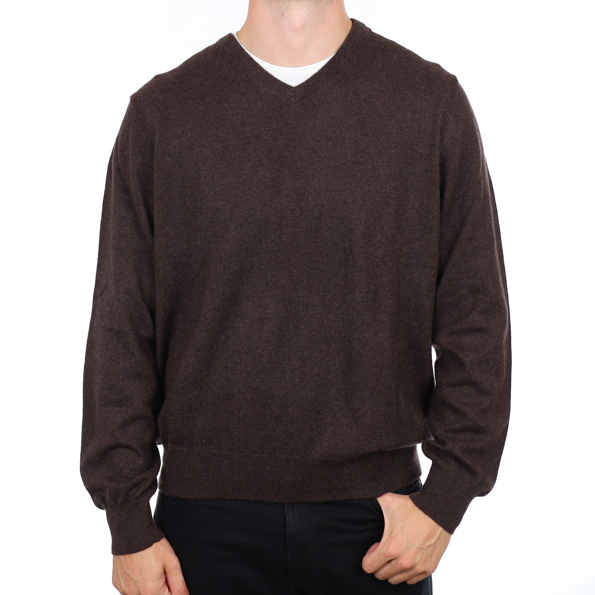 Men's Peppercorn Brown Cashmere V Neck Jumper XXL