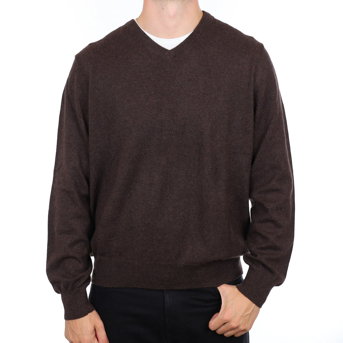 Men's Peppercorn Brown Cashmere V Neck Jumper XXL