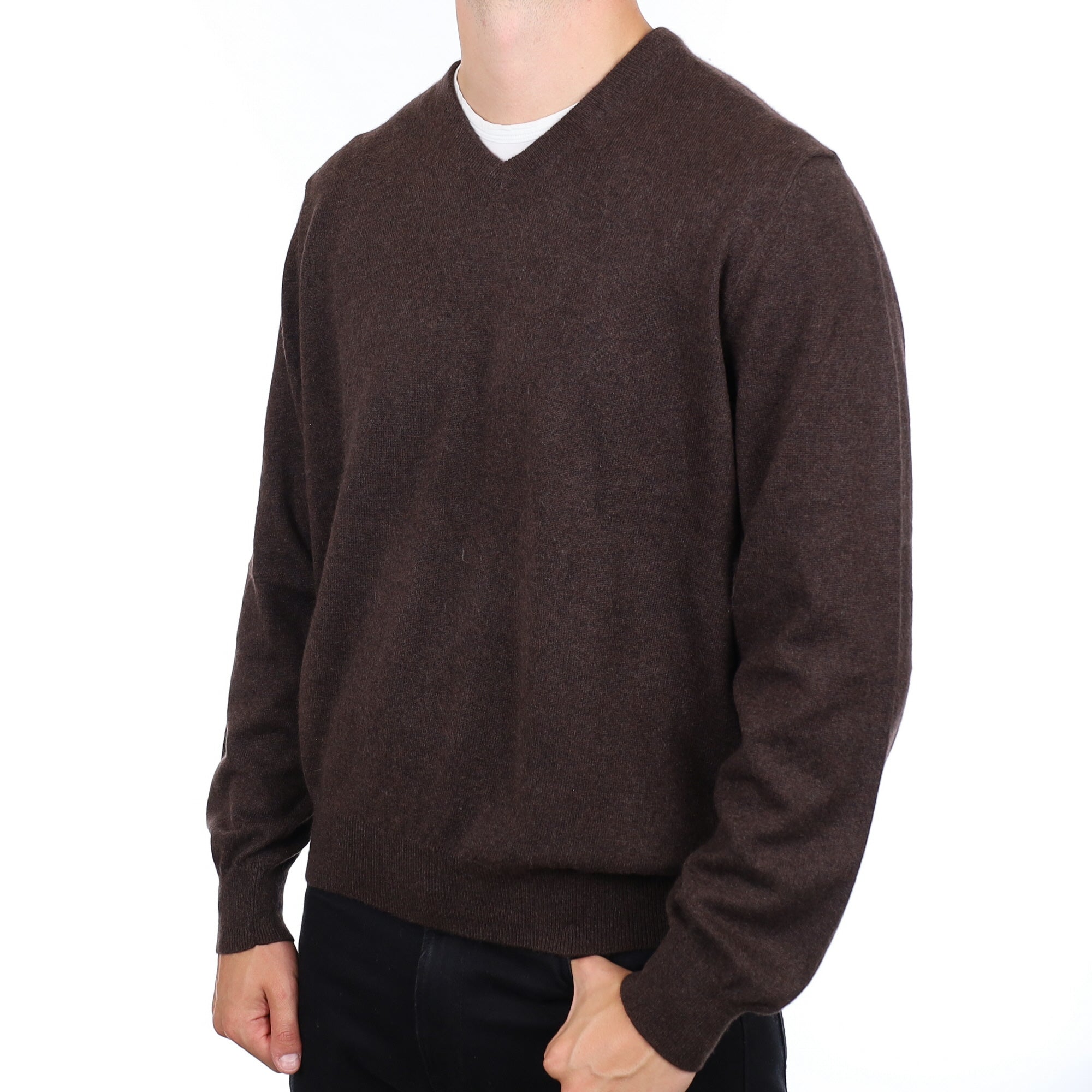 Men's Peppercorn Brown Cashmere V Neck Jumper XXL