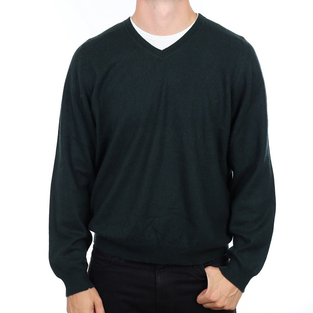 Men's Darkest Green Cashmere V Neck Jumper XXL