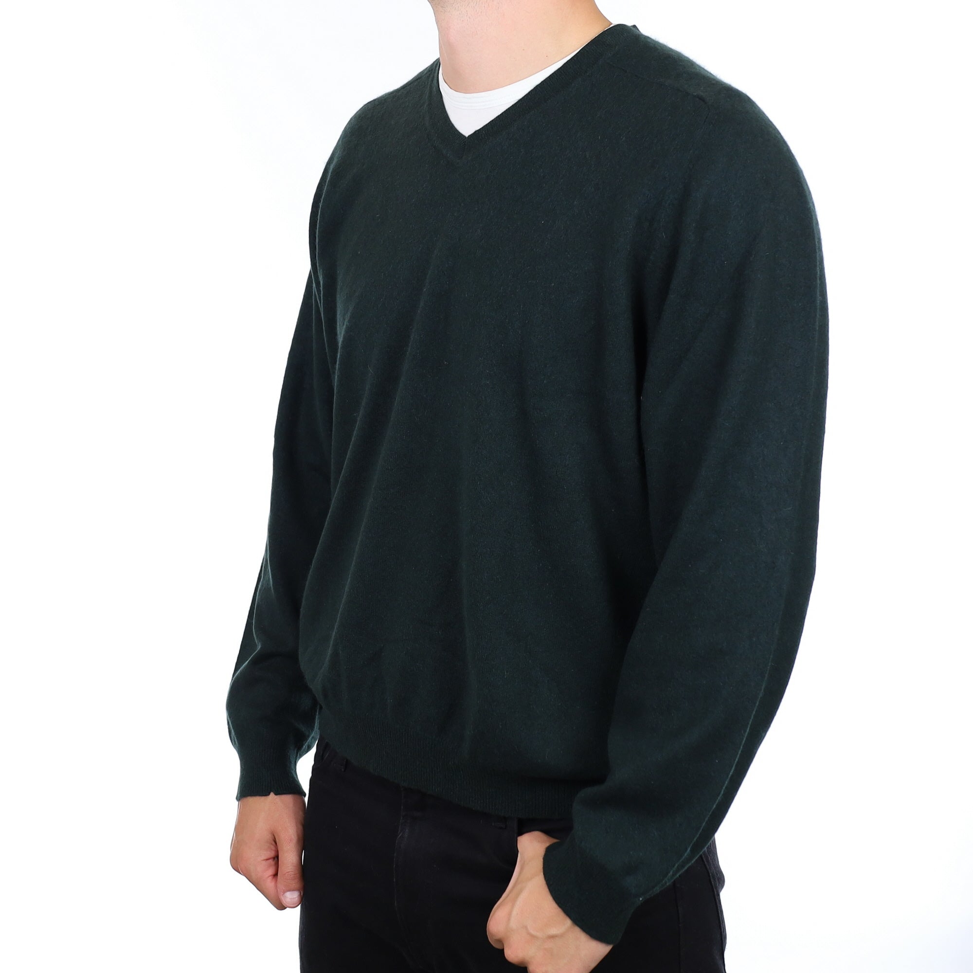 Men's Darkest Green Cashmere V Neck Jumper XXL