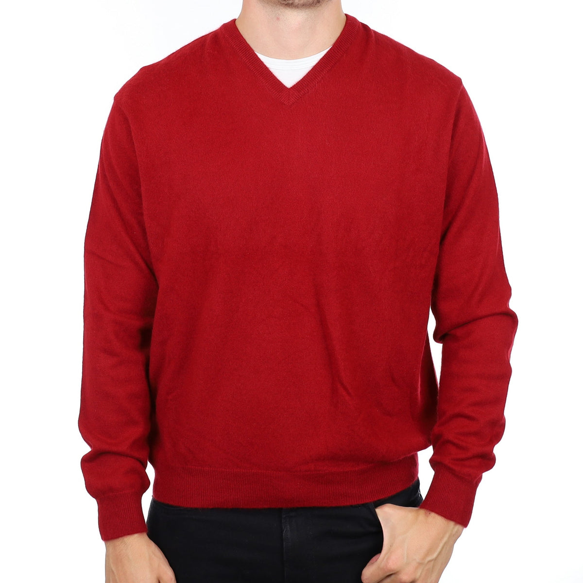 Men's Crimson Red Cashmere V Neck Jumper XXL