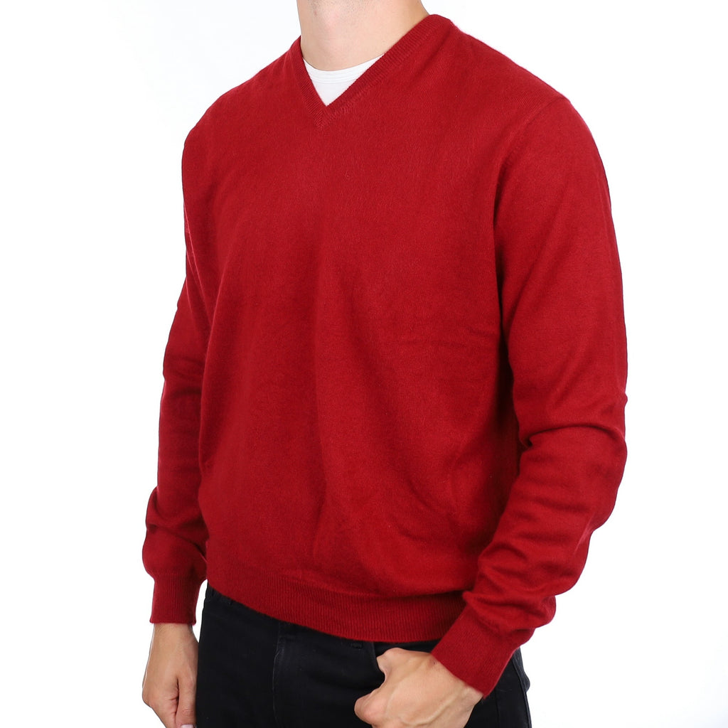 Men's Crimson Red Cashmere V Neck Jumper XXL