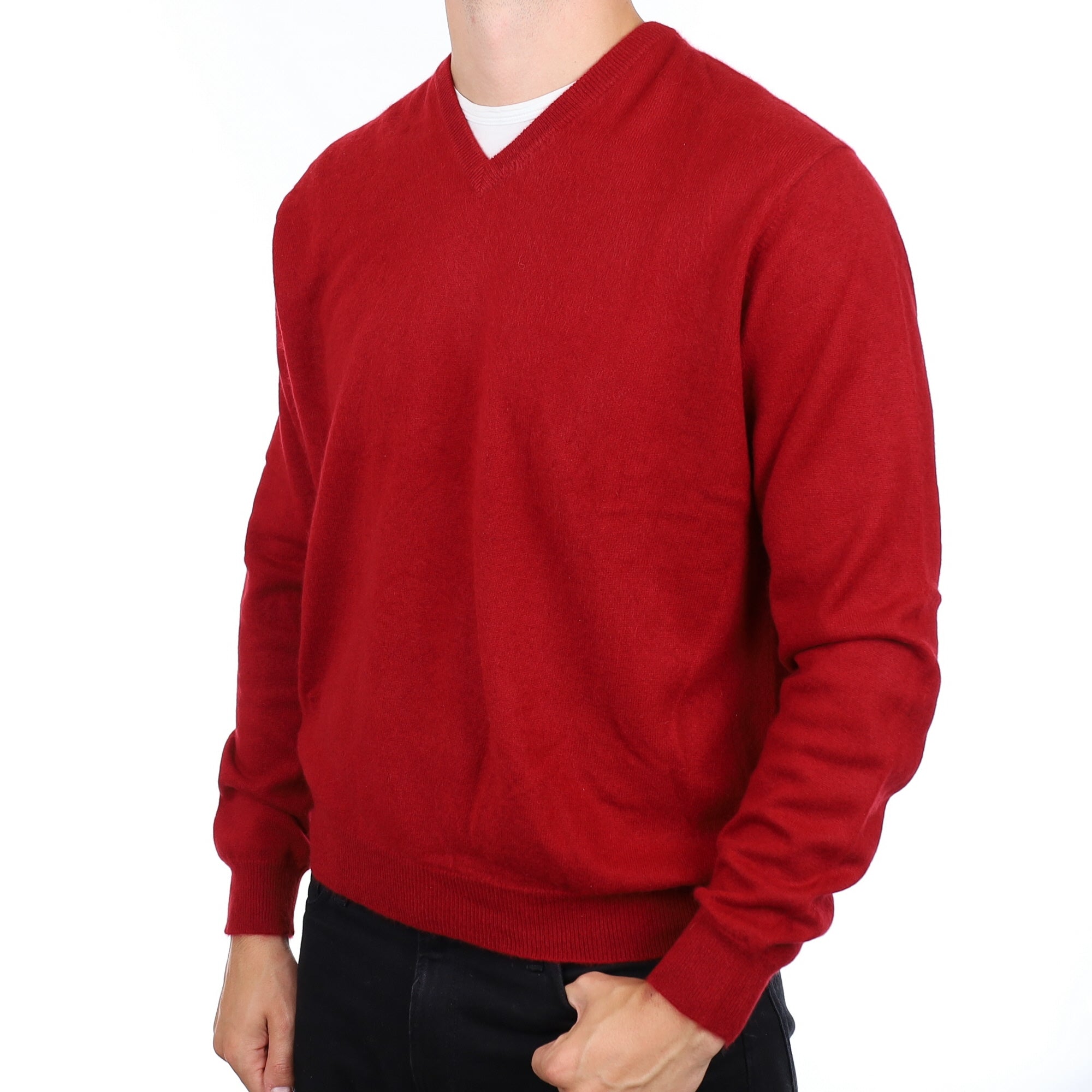 Men's Crimson Red Cashmere V Neck Jumper XXL