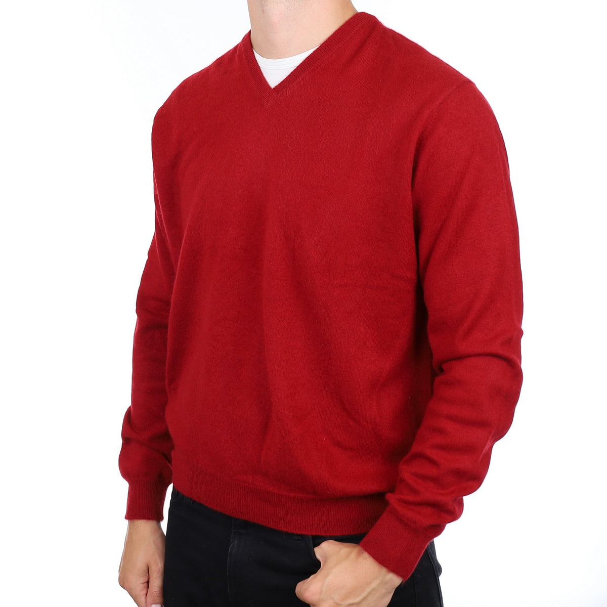 Men's Crimson Red Cashmere V Neck Jumper XXL