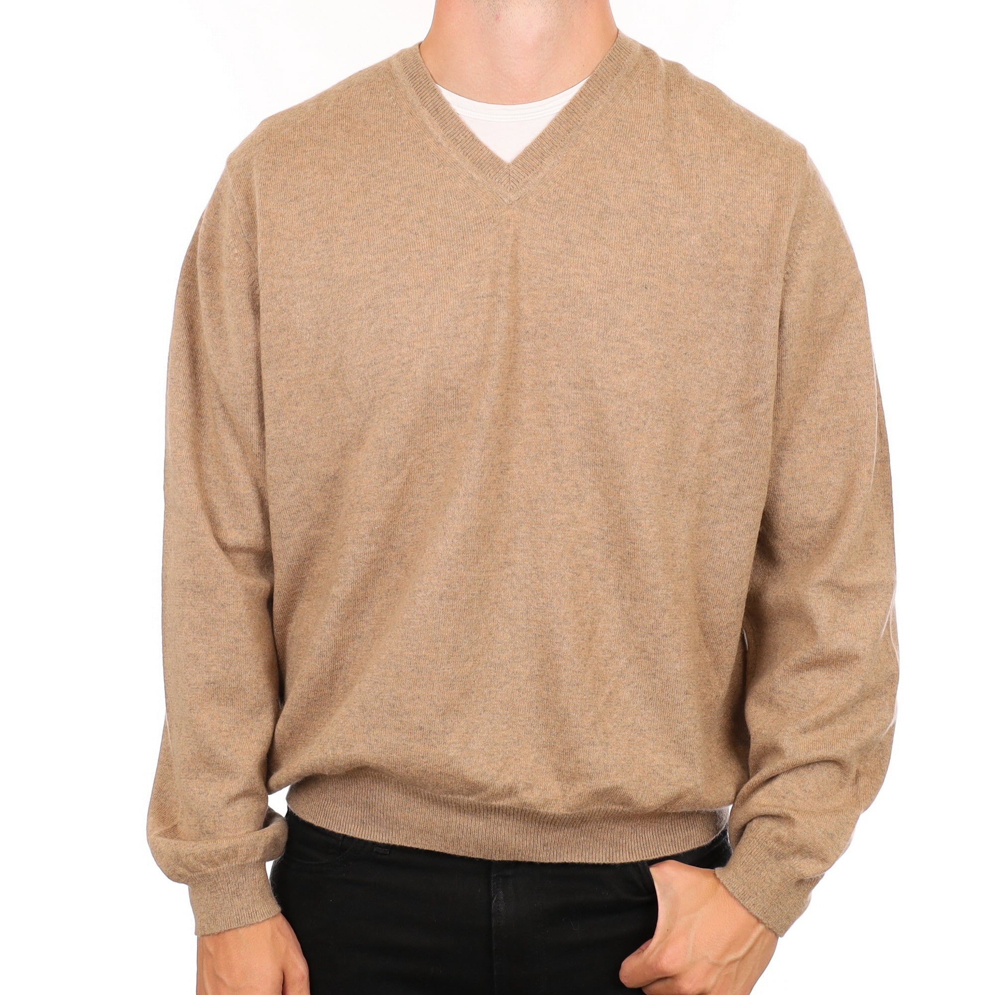 Men's Taupe Brown Cashmere V Neck Jumper XXL