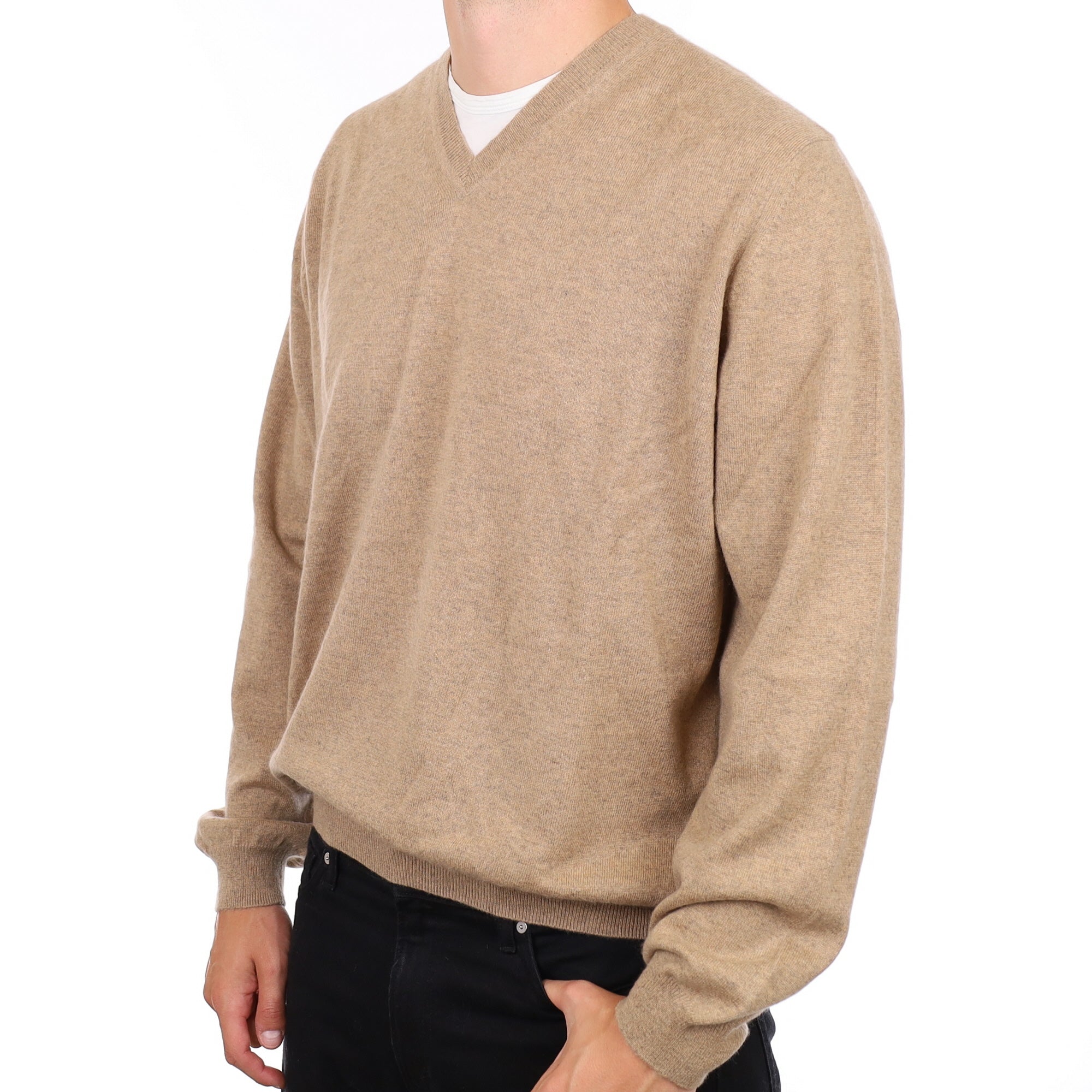 Men's Taupe Brown Cashmere V Neck Jumper XXL