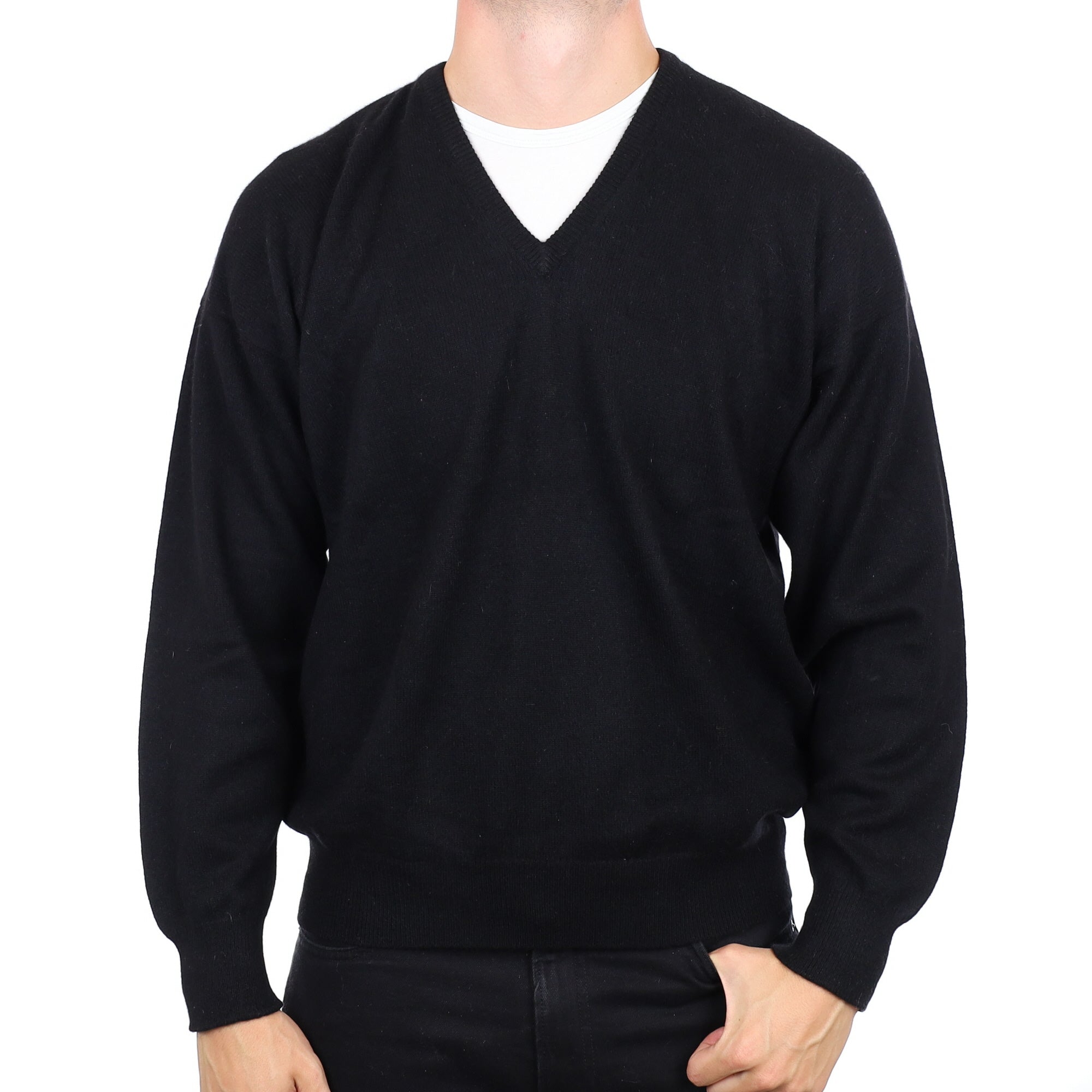 Men's Scottish Black Heavy Knit Cashmere V Neck Jumper XXL