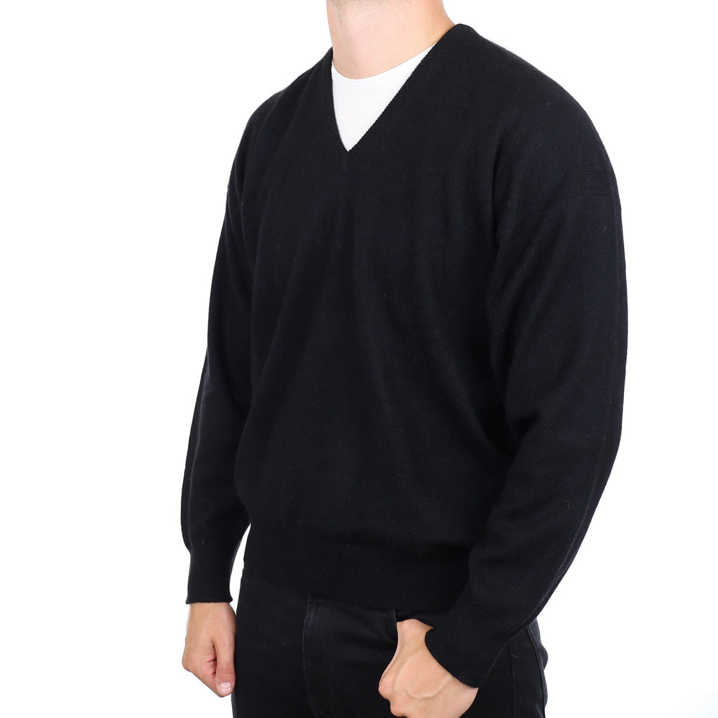 Men's Scottish Black Heavy Knit Cashmere V Neck Jumper XXL