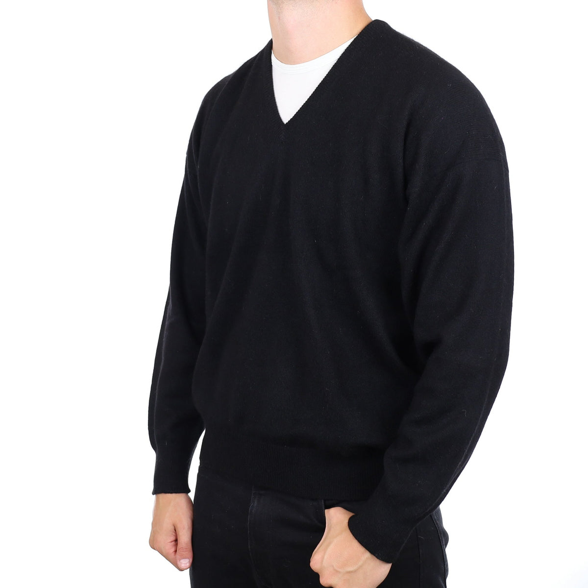 Men's Scottish Black Heavy Knit Cashmere V Neck Jumper XXL
