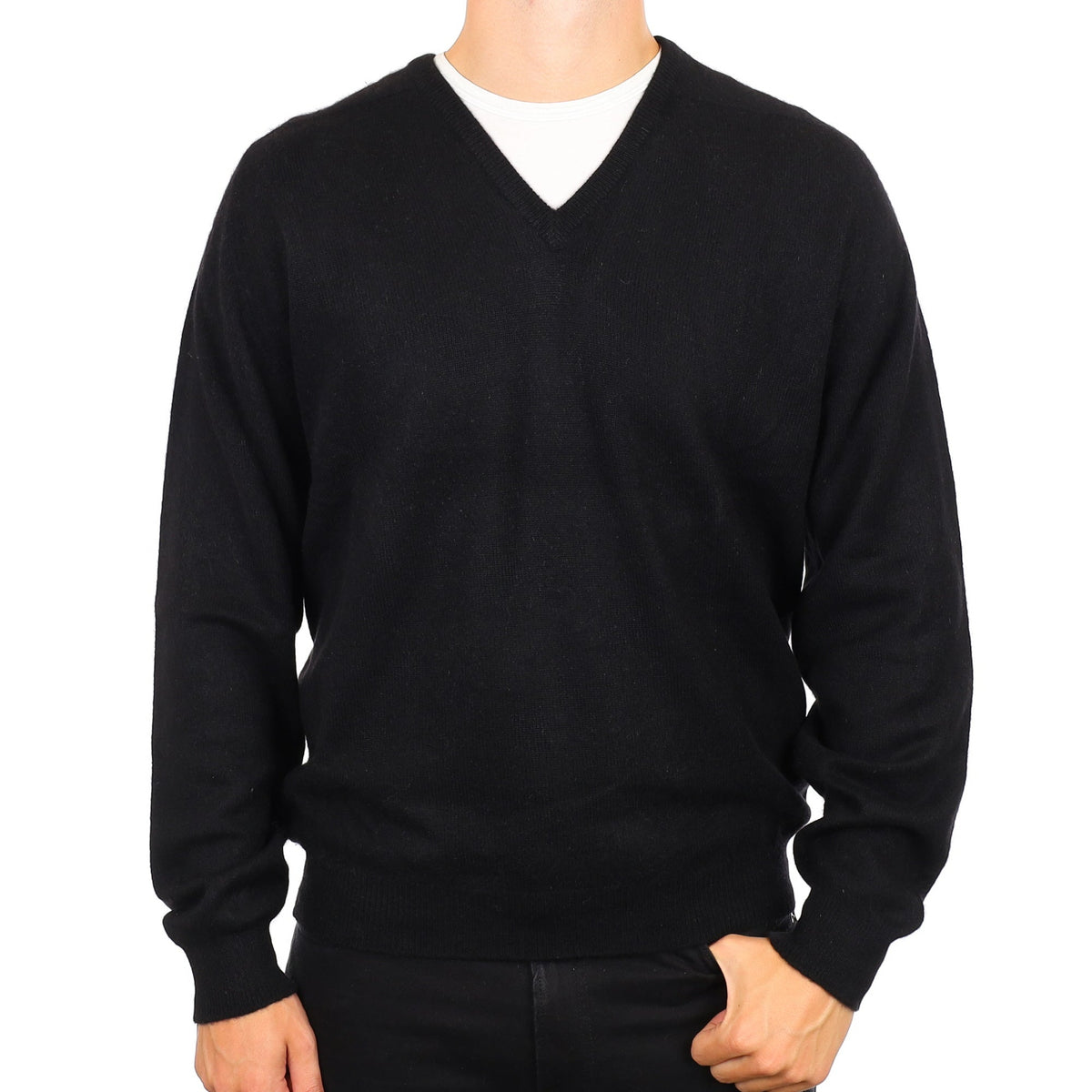 Men's Scottish Black Heavy Knit Cashmere V Neck Jumper XXL