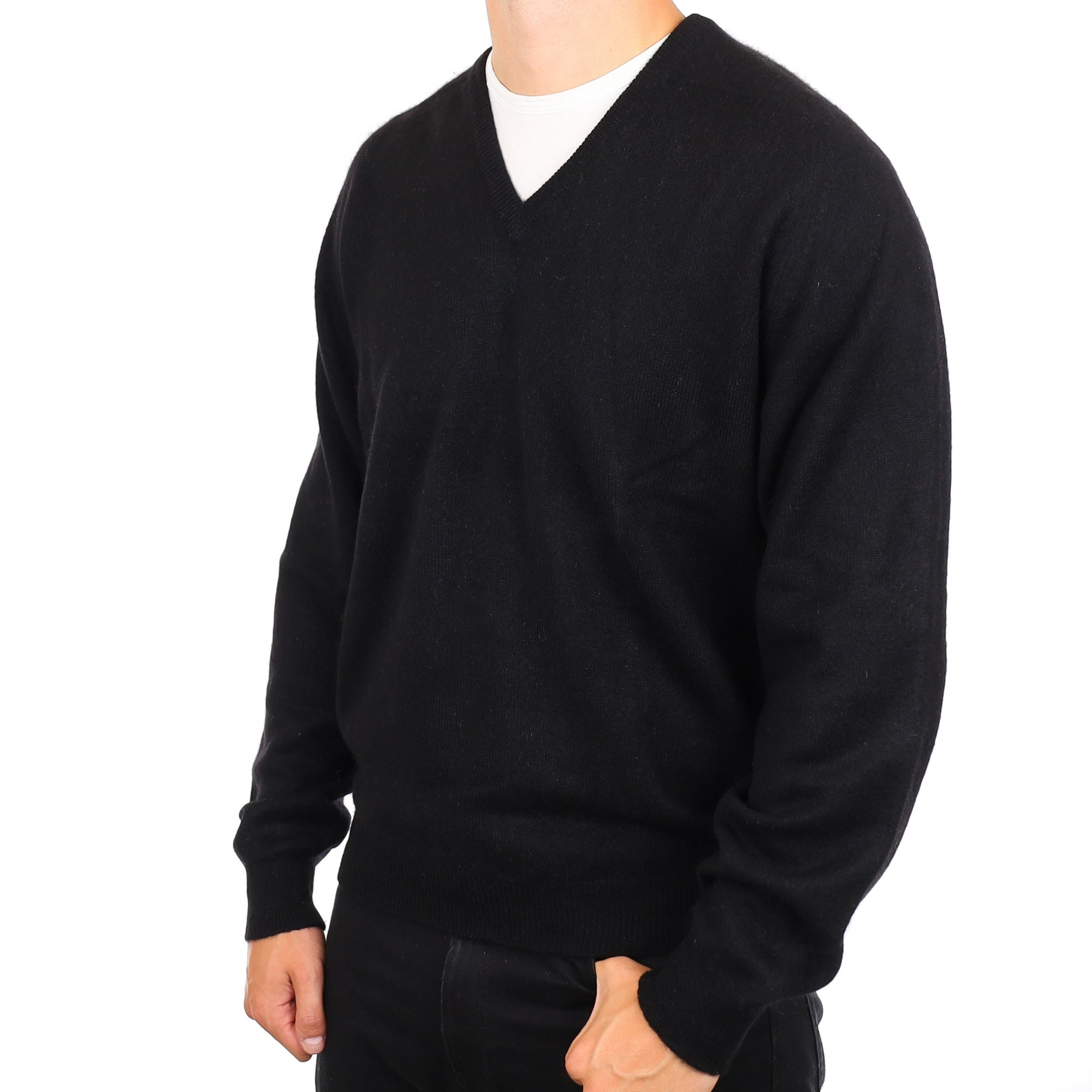 Men's Scottish Black Heavy Knit Cashmere V Neck Jumper XXL
