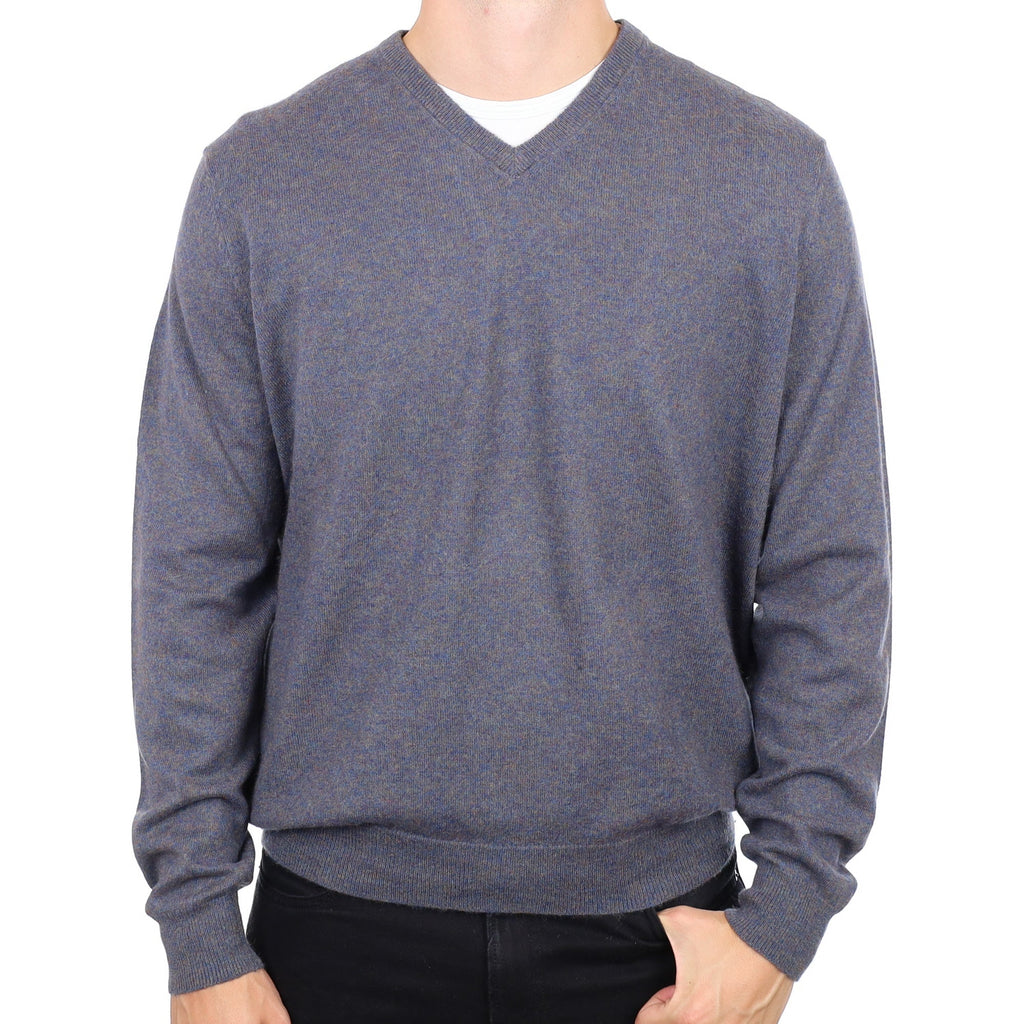 Men's Naval Blue and Brown Marl Cashmere V Neck Jumper XXL