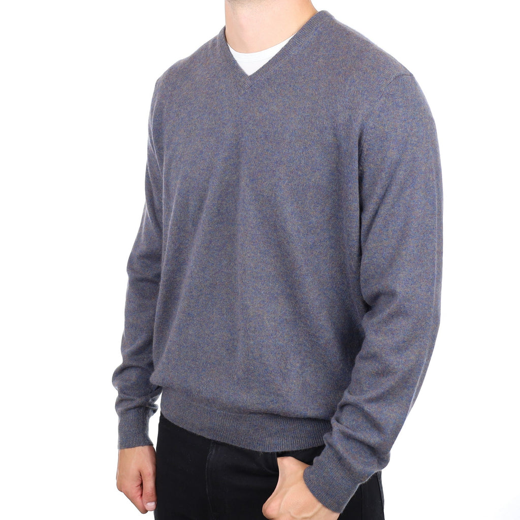 Men's Naval Blue and Brown Marl Cashmere V Neck Jumper XXL