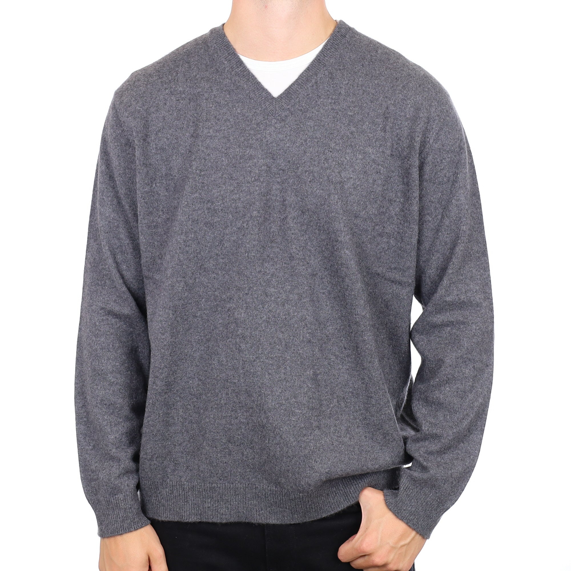 Men's Granite Grey Cashmere V Neck Jumper XXL