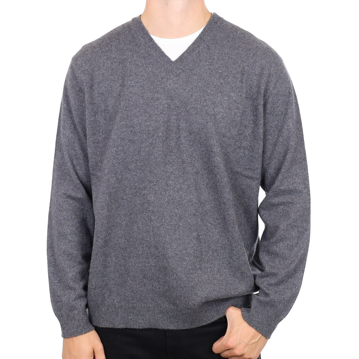 Men's Granite Grey Cashmere V Neck Jumper XXL