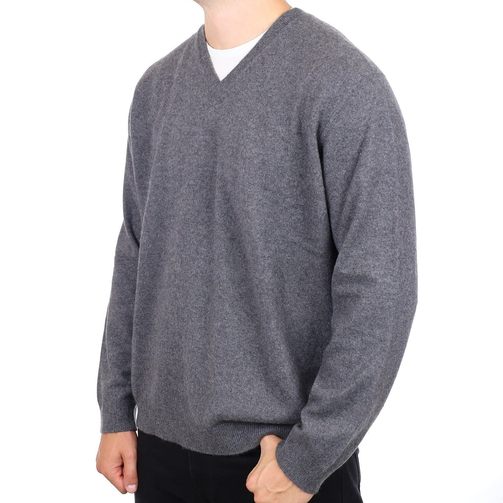 Men's Granite Grey Cashmere V Neck Jumper XXL