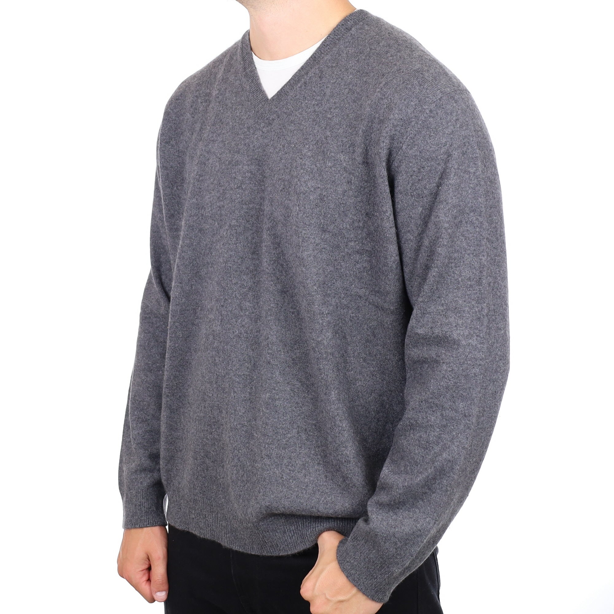 Men's Granite Grey Cashmere V Neck Jumper XXL