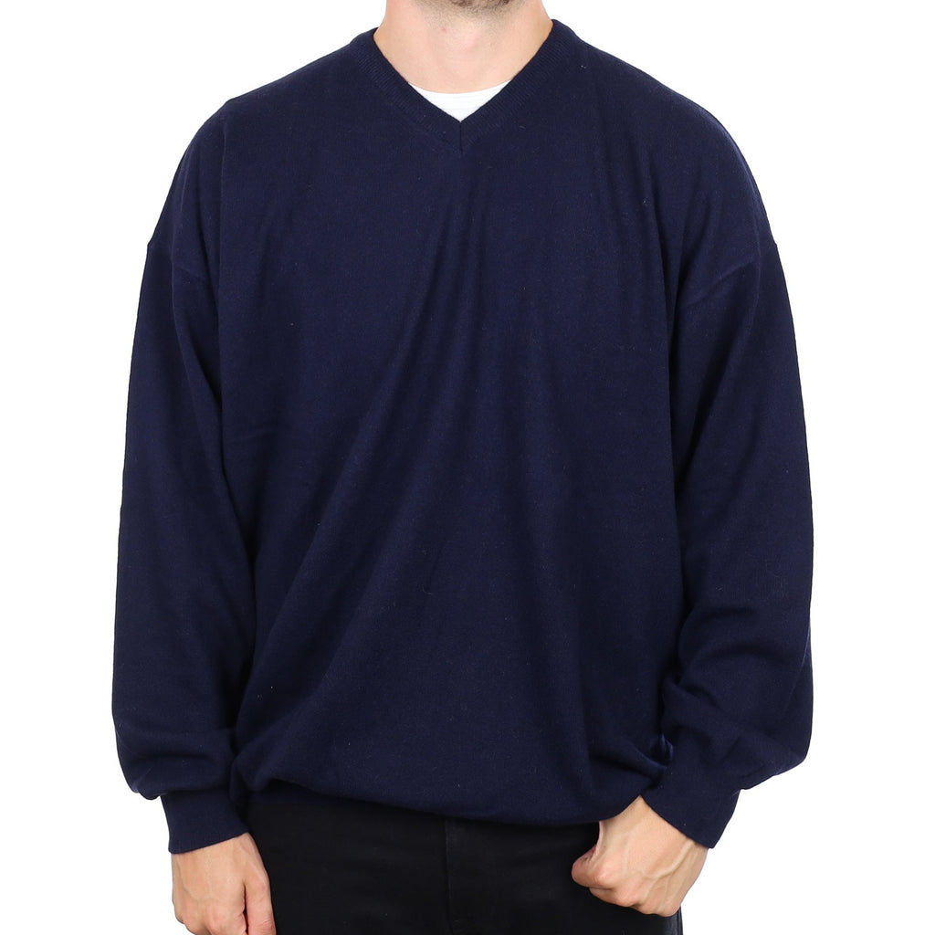 Men's Italian Navy Blue Cashmere V Neck Jumper 4XL