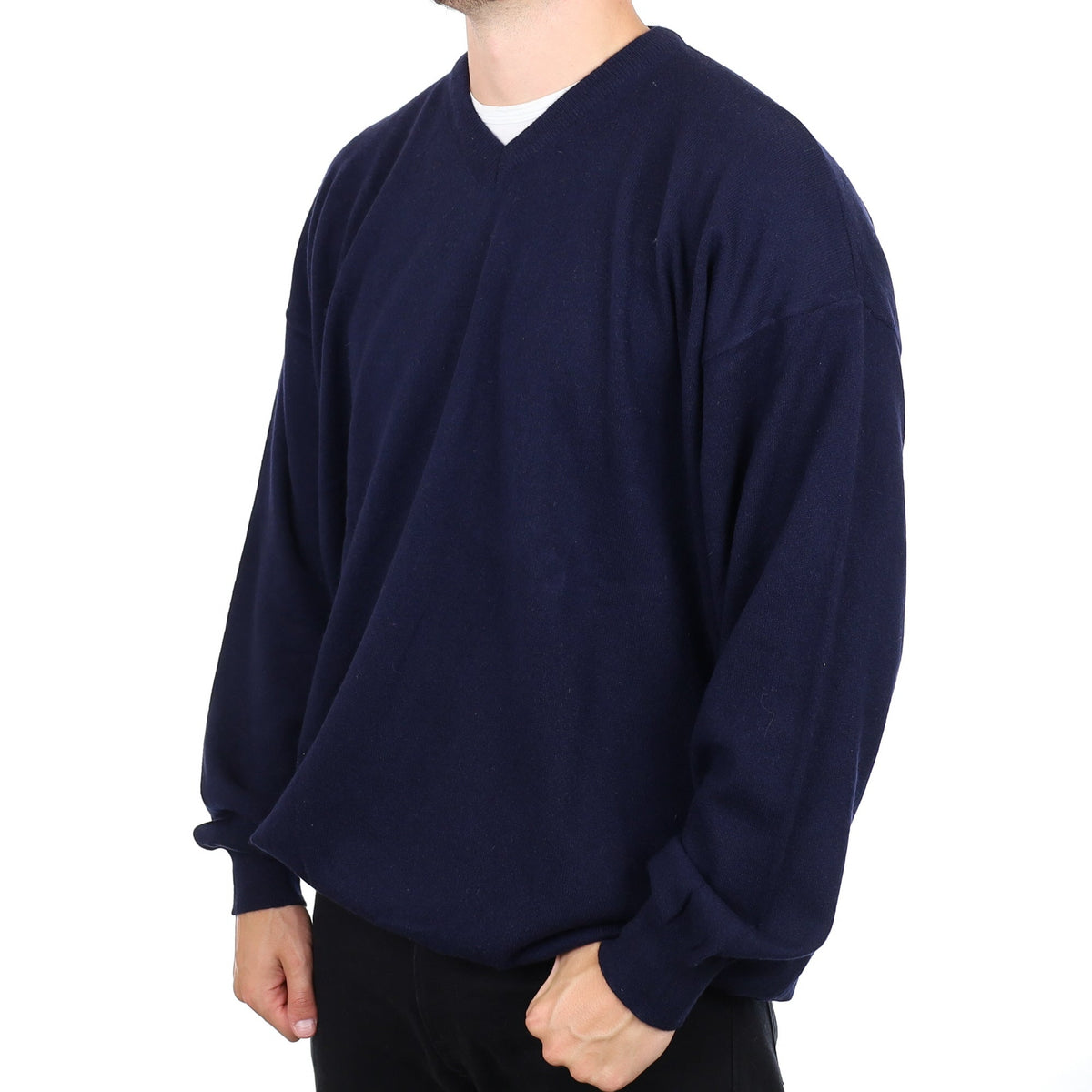 Men's Italian Navy Blue Cashmere V Neck Jumper 4XL