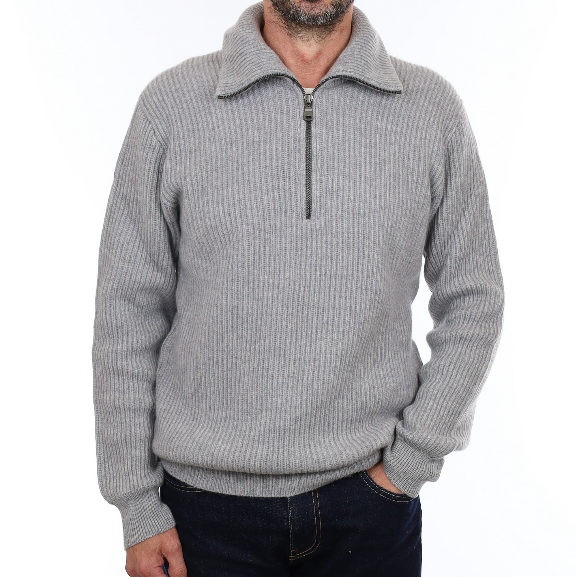 Men's Brand New Scottish Smoke Grey Chunky Rib Cashmere 1/4 Zip Jumper Small
