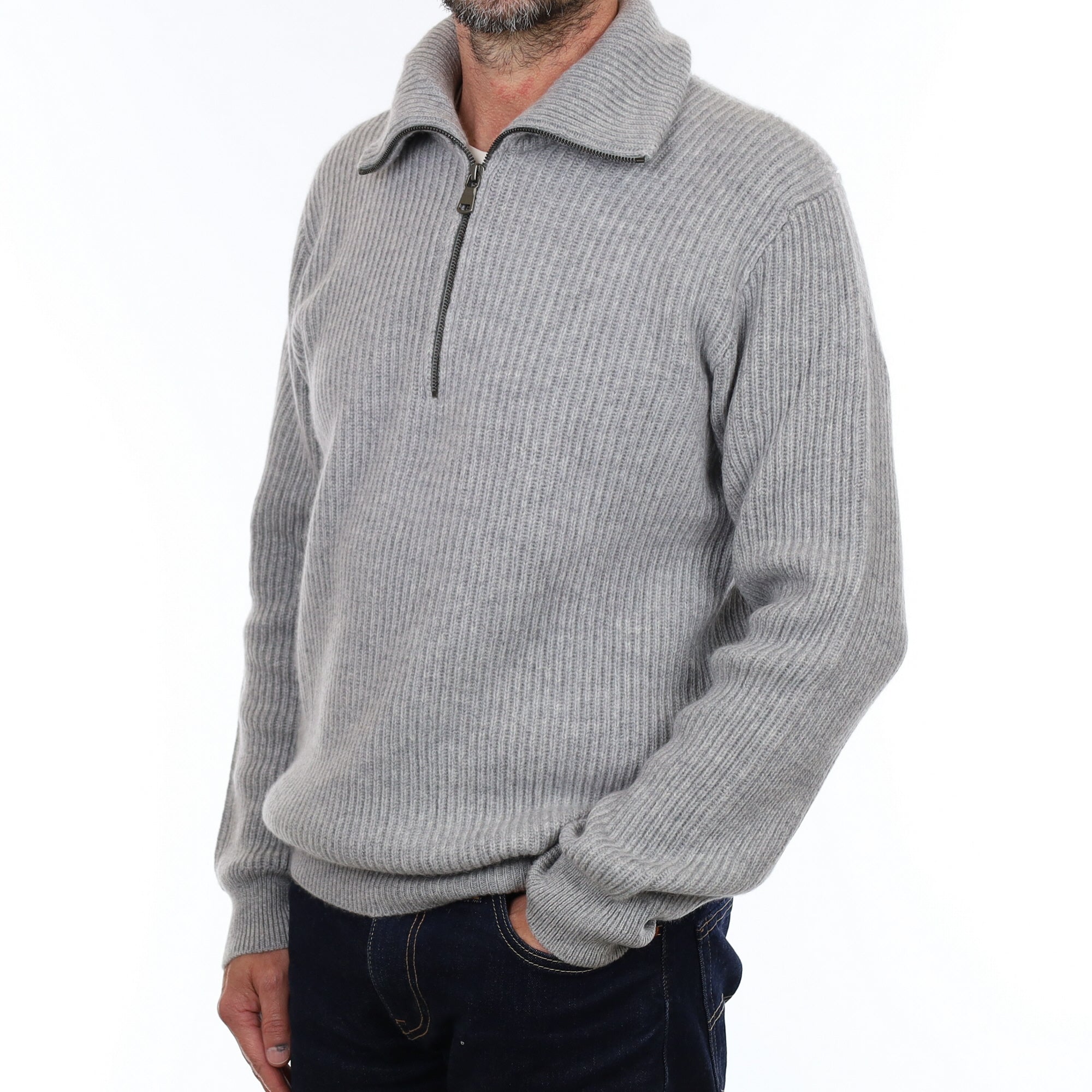 Men's Brand New Scottish Smoke Grey Chunky Rib Cashmere 1/4 Zip Jumper Small