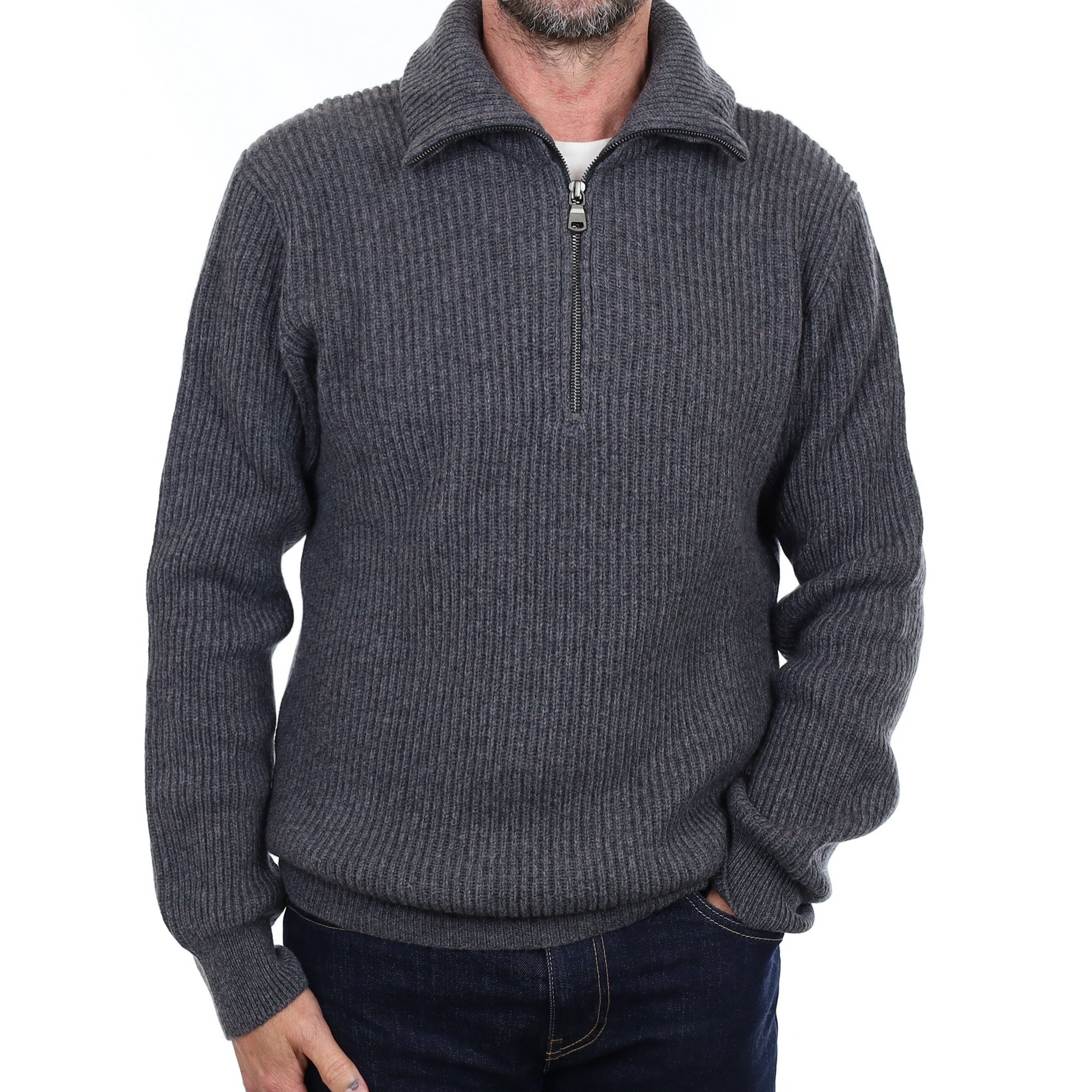 Men's Brand New Scottish Slate Grey Chunky Rib Cashmere 1/4 Zip Jumper Small