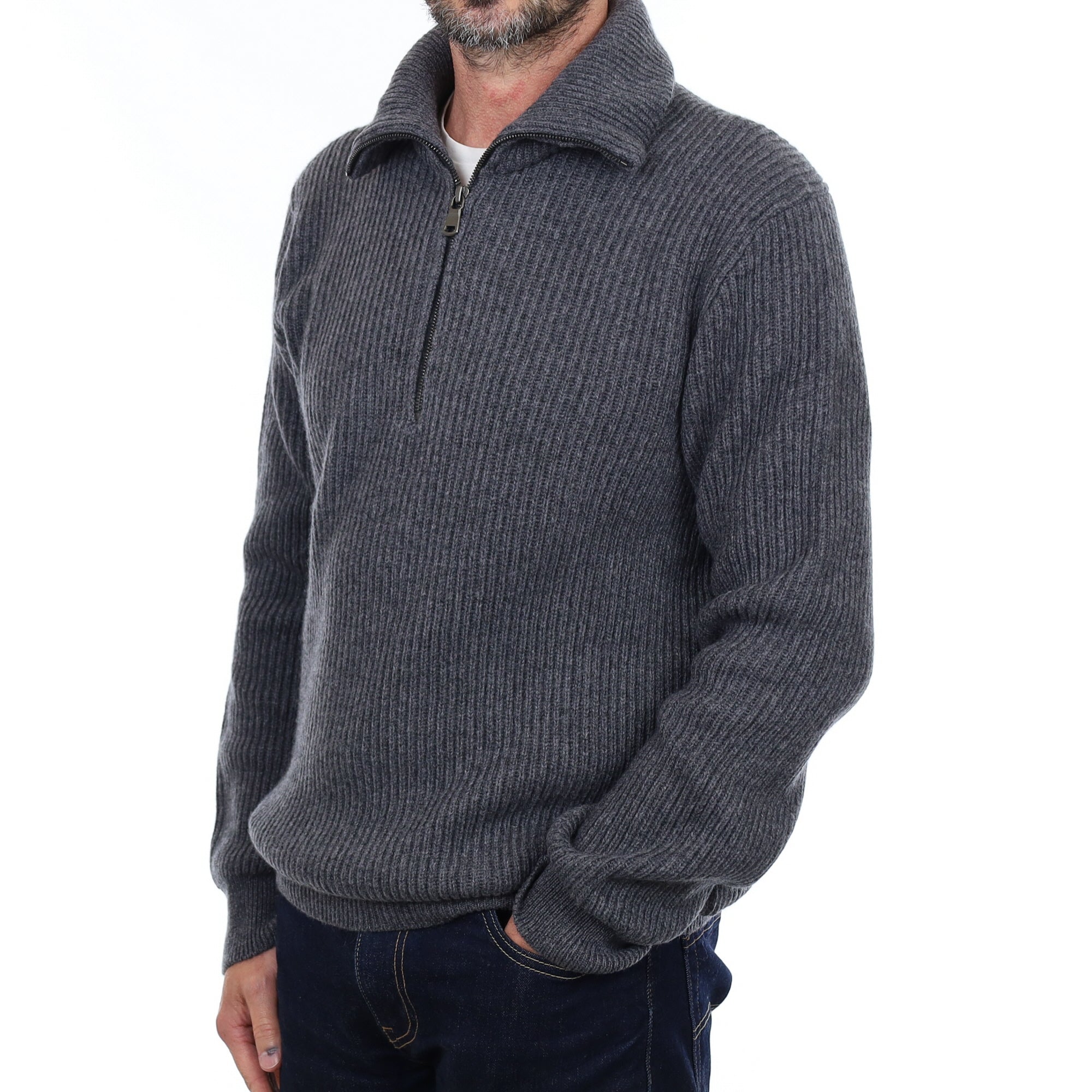 Men's Brand New Scottish Slate Grey Chunky Rib Cashmere 1/4 Zip Jumper Small