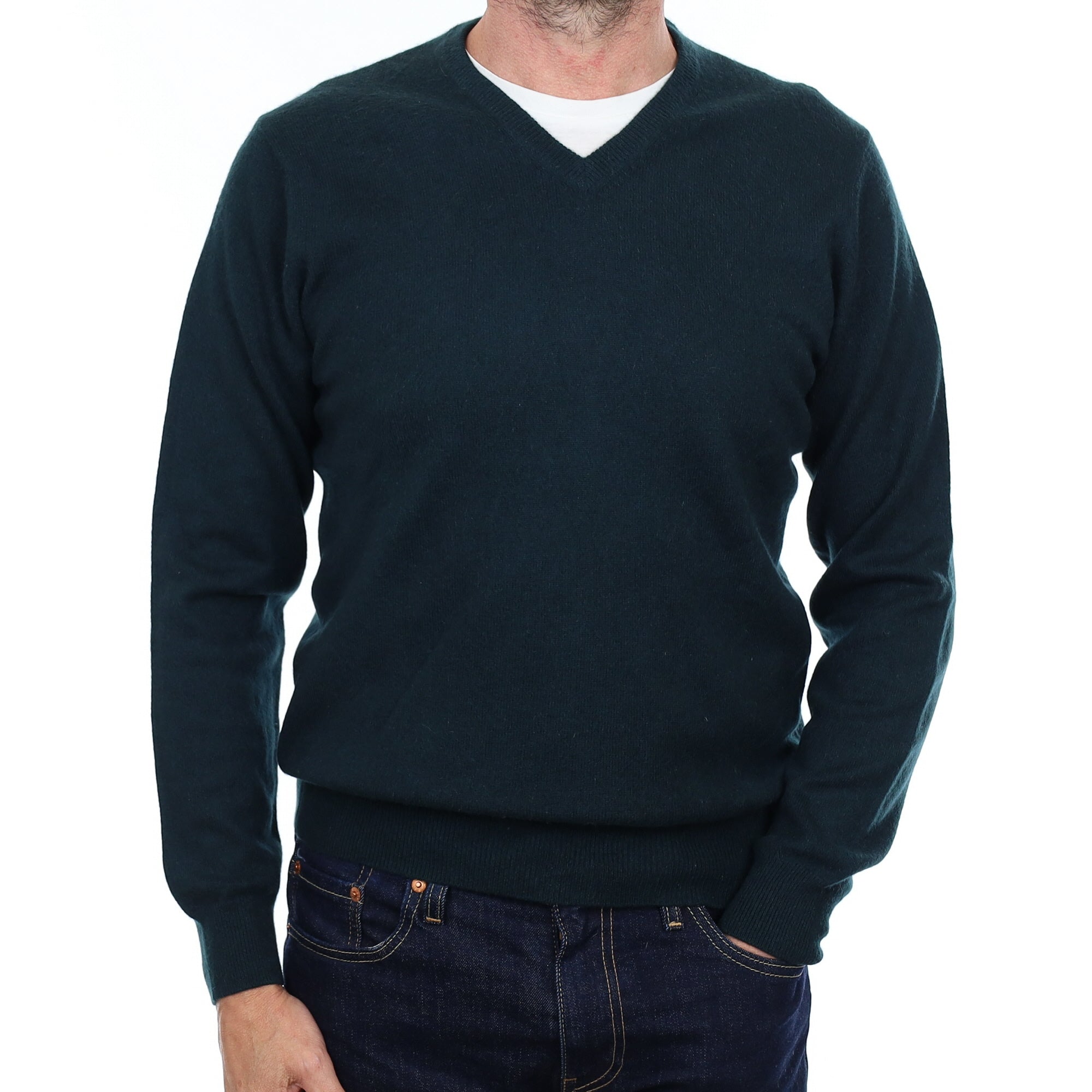 Men's Deep Bottle Green Cashmere V Neck Jumper Small