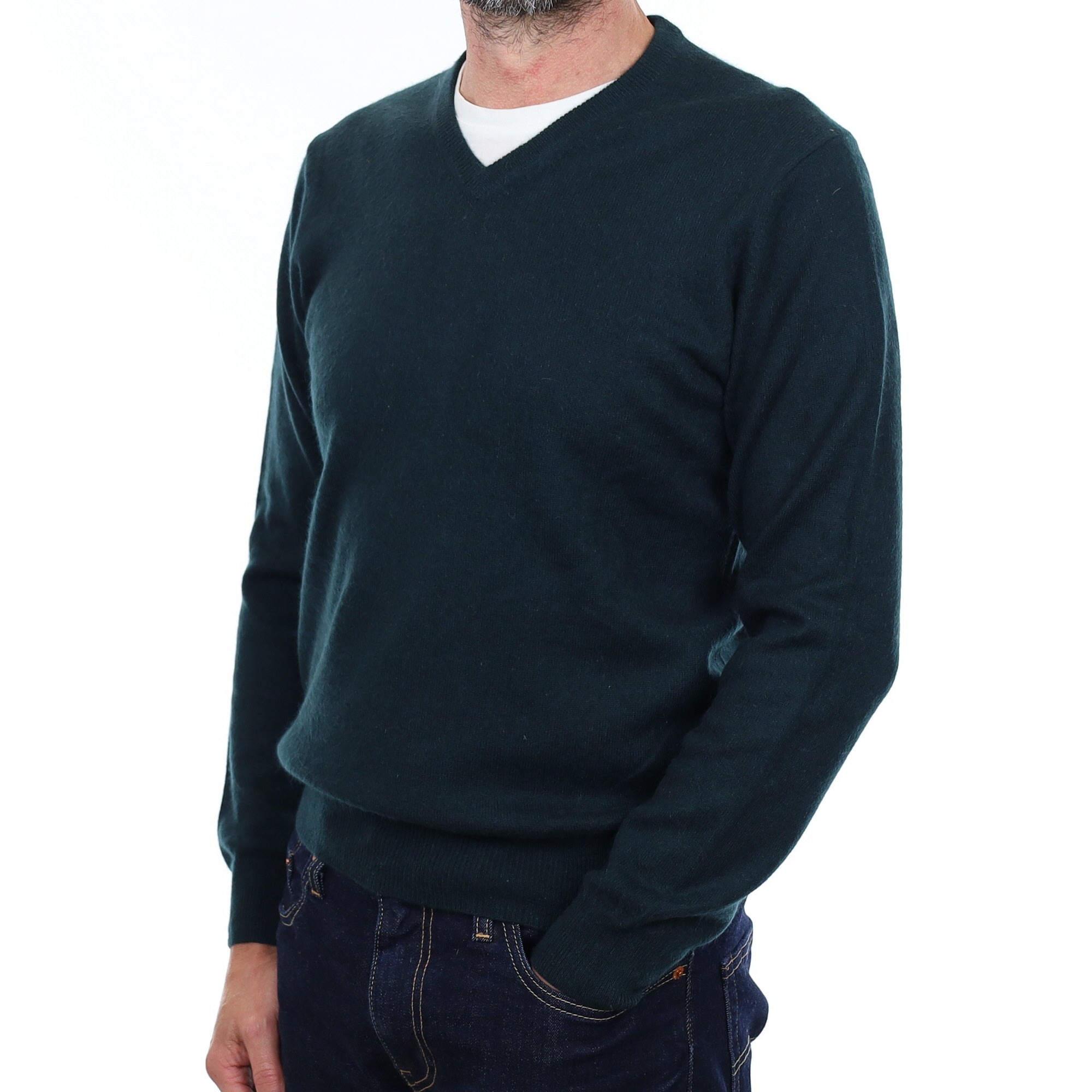 Men's Deep Bottle Green Cashmere V Neck Jumper Small