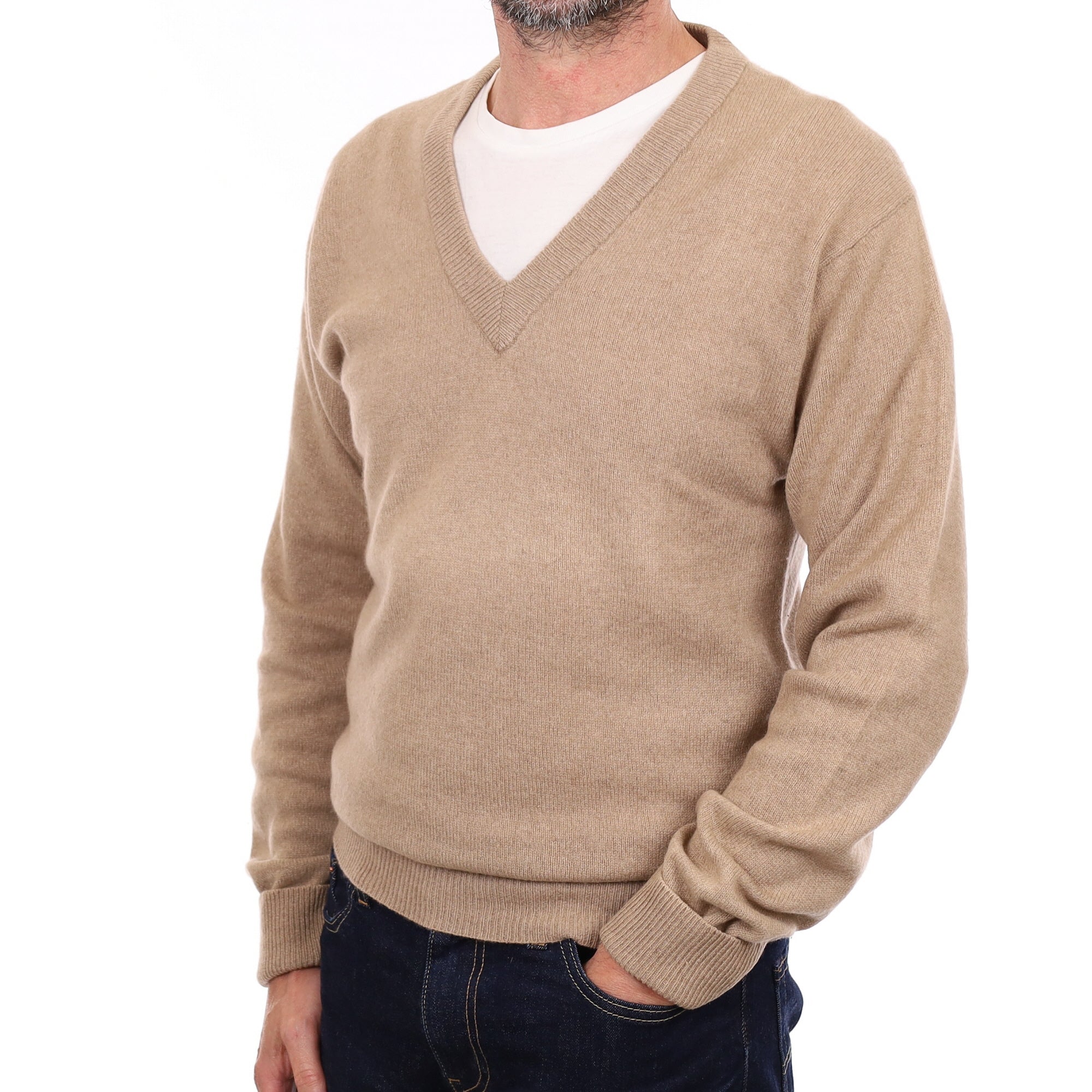 Men's Camel Brown Cashmere V Neck Jumper Small