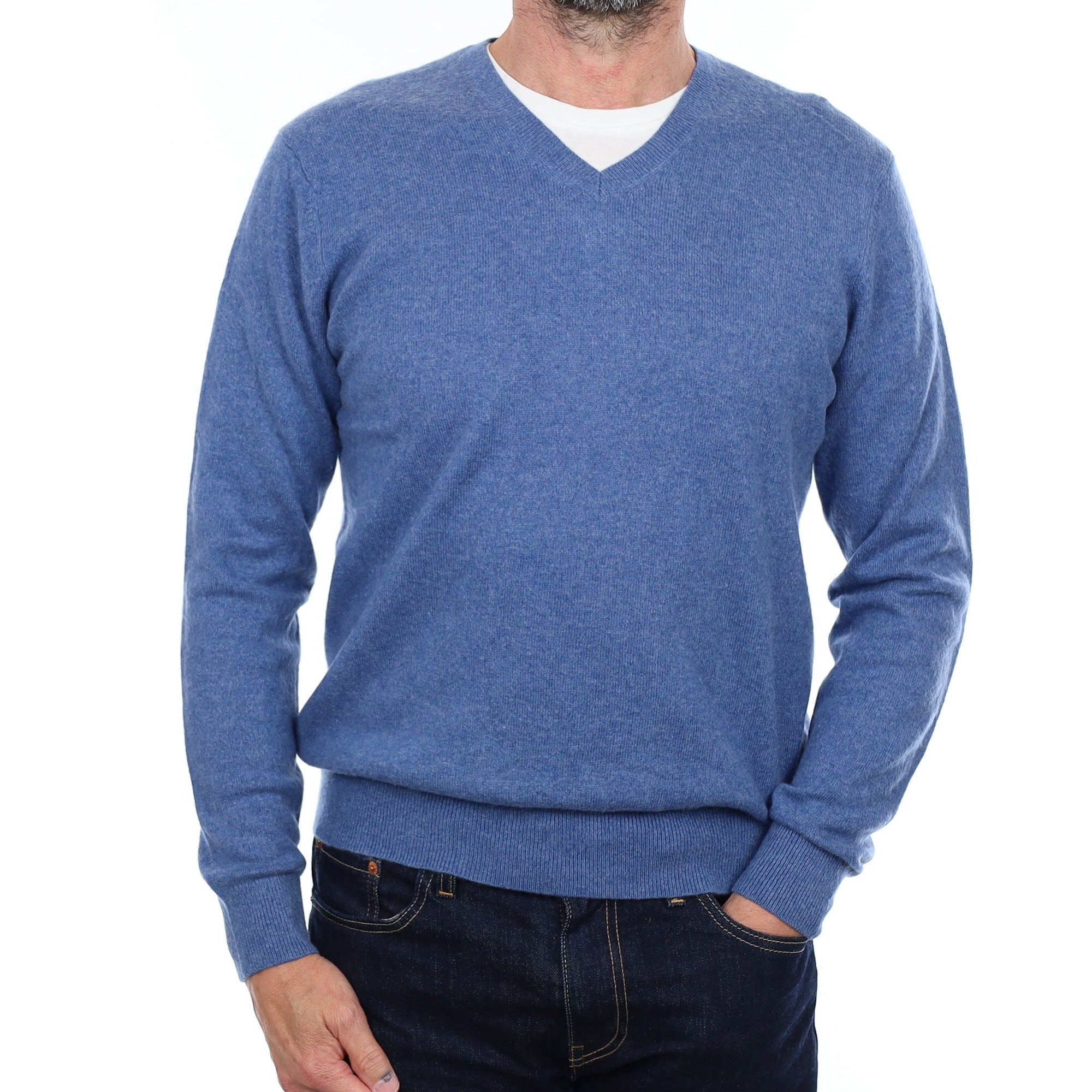 Men's Denim Blue Cashmere V Neck Jumper Small