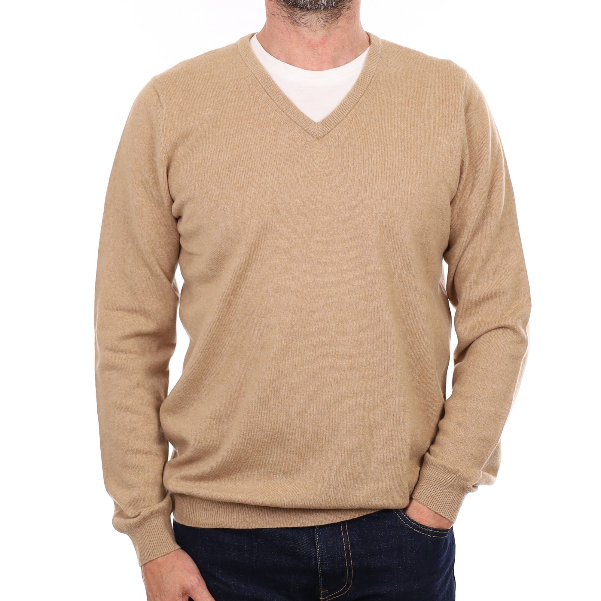 Men's Caramel Brown Cashmere V Neck Jumper Small