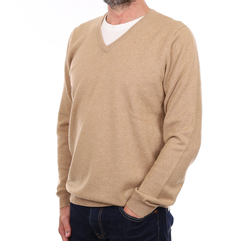 Men's Caramel Brown Cashmere V Neck Jumper Small