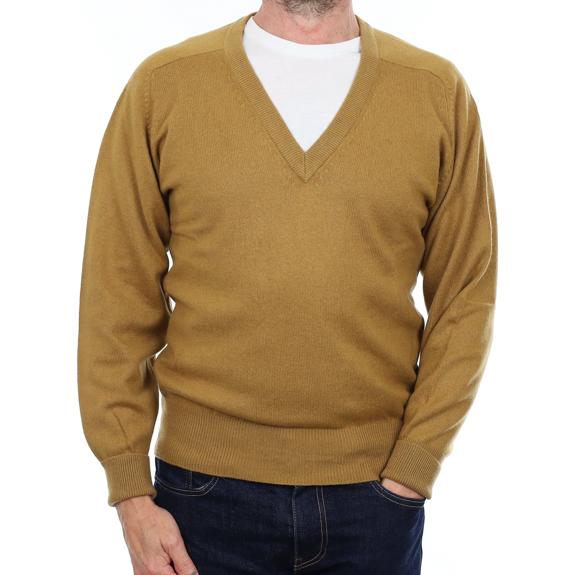 Men's Vintage Golden Brown Cashmere V Neck Jumper Small